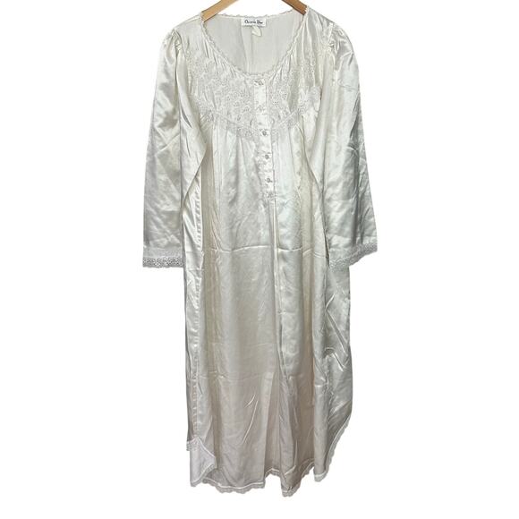 Vintage Christian Dior Nightgown Maxi Length Lace Trim Button Front Floral Cream - Picture 1 of 8